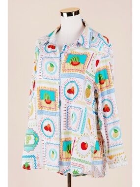 Sz 1X Jane + Delancey Vibrant Mixed Fruit Linen Button Down Blouse EUC